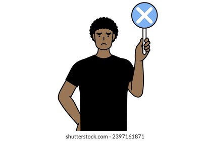 African-American man holding a placard with an X indicating incorrect answer, Vector Illustration