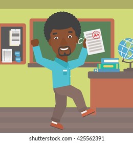 An african-american man holding a sheet with the highest mark on the background of classroom vector flat design illustration. Square layout.