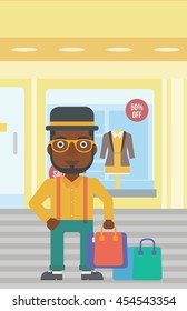 An african-american man holding shopping bags on the background of boutique window with dressed mannequins. Happy young man carrying shopping bags. Vector flat design illustration. Vertical layout.
