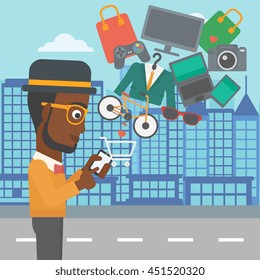 An african-american man holding a smartphone with shopping cart and application icons flying out on a city background. Vector flat design illustration. Square layout.