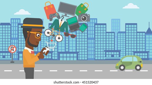 An african-american man holding a smartphone with shopping cart and application icons flying out on a city background. Vector flat design illustration. Horizontal layout.