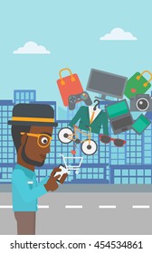 An african-american man holding a smartphone with shopping cart and application icons flying out on a city background. Vector flat design illustration. Vertical layout.