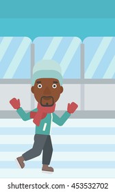An african-american man ice skating on indoor ice skating rink. Sport and leisure concept. Vector flat design illustration. Vertical layout.