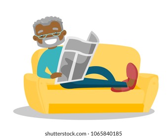 African-american man laying on the couch and relaxing with a newspaper at home. Senior man reading the news in newspaper. Vector cartoon illustration isolated on white background. Horizontal layout.