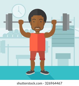 An african-american man lifting a barbell inside the gym vector flat design illustration. Sport concept. Square layout.