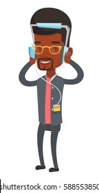 African-american man listening to music on smartphone. Young man in headphones listening to music. Man with eyes closed enjoying music. Vector flat design illustration isolated on white background.