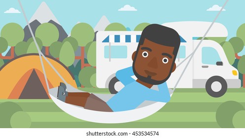 An african-american man lying in a hammock in front of motor home. Man resting in hammock and enjoying vacation in camper van. Vector flat design illustration. Horizontal layout.