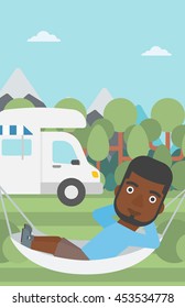 An african-american man lying in a hammock in front of motor home. Man resting in hammock and enjoying vacation in camper van. Vector flat design illustration. Vertical layout.