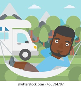 An african-american man lying in a hammock in front of motor home. Man resting in hammock and enjoying vacation in camper van. Vector flat design illustration. Square layout.