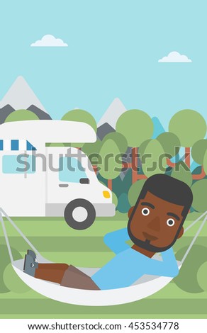 An african-american man lying in a hammock in front of motor home. Man resting in hammock and enjoying vacation in camper van. Vector flat design illustration. Vertical layout.