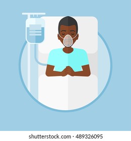 An african-american man lying in hospital bed with oxygen mask. Man during medical procedure with drop counter at medical room. Vector flat design illustration in the circle isolated on background.