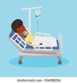 African-american man lying in hospital bed with oxygen mask. Man during medical procedure with drop counter. Patient recovering in bed in hospital. Vector flat design illustration. Square layout.