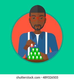 Un hombre afroamericano haciendo pirámide de avatares de la red. Hombre construyendo su red social. Concepto de redes y comunicación. Ilustración de diseño plana vectorial en el círculo aislado en el fondo.