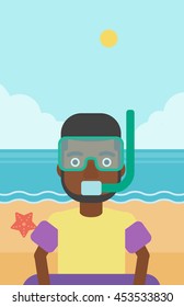 An african-american man in mask, tube and rubber ring standing on the background of beach and sea. Man wearing snorkeling equipment on the beach. Vector flat design illustration. Vertical layout.