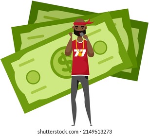 An african-american man with microphone making record of his voice in studio, black street musician sings song stands near big stack of dollar bills. Vocalist male singer performs rap for passerby