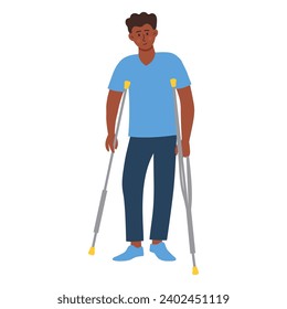 African-American man on crutches. Male character undergoing rehabilitation after trauma or accident. Disabled person. Support, special needs concept.