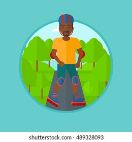 An african-american man on roller-skates in the park. Full length of sportsman in protective sportwear on rollers skating outdoors. Vector flat design illustration in the circle isolated on background
