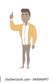 African-american man with open mouth pointing finger up. Full length of young man came up with creative idea. Vector sketch cartoon illustration isolated on white background.