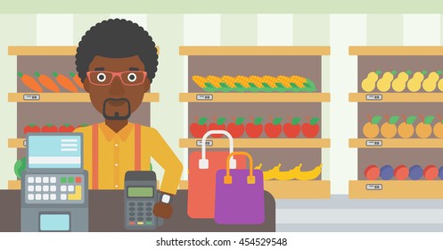 An african-american man paying wireless with his smart watch at the supermarket. Male customer making payment for purchase with smart watch. Vector flat design illustration. Horizontal layout.