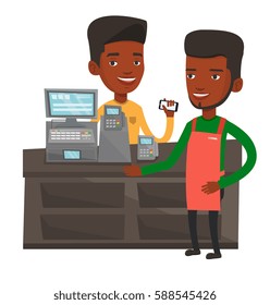 African-american man paying wireless with his smartphone at the supermarket checkout. Customer making payment for purchase with smartphone. Vector flat design illustration isolated on white background