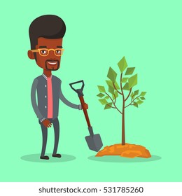 An african-american man plants a tree. Cheerful man standing with shovel near newly planted tree. Young man gardening. Environmental protection concept. Vector flat design illustration. Square layout.