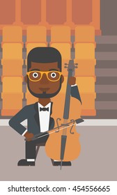 An african-american man playing cello on the background of empty theater seats vector flat design illustration. Vertical layout.
