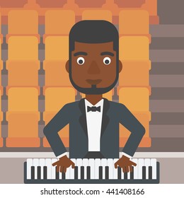 An african-american man playing piano on the background of empty theater seats vector flat design illustration. Square layout.