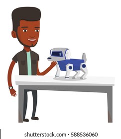 African-american man playing with a robotic dog. Young man standing near the table with a robotic dog on it. Man stroking a robotic dog. Vector flat design illustration isolated on white background.