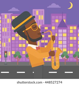 An african-american man playing saxophone on a night city background vector flat design illustration. Square layout.