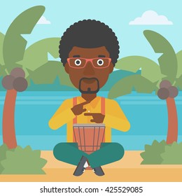 An african-american man playing tomtom on the background of tropical beach with palm trees and the sea vector flat design illustration. Square layout.