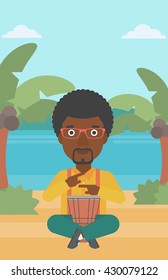 An african-american man playing tomtom on the background of tropical beach with palm trees and the sea vector flat design illustration. Vertical layout.