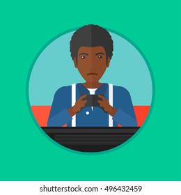 An african-american man playing video game on the television. Tired gamer with console in hands. Concept of addiction to games. Vector flat design illustration in the circle isolated on background.