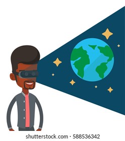 African-american man playing virtual game. Young man wearing futuristic virtual reality headset and looking at open space with earth model. Vector flat design illustration isolated on white background