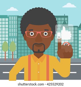 An african-american man pressing like button on a city background vector flat design illustration. Square layout.