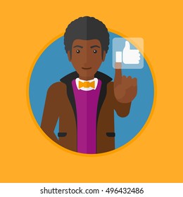 An african-american man pressing like button. Man pressing modern social button with thumb up. Man pressing social network button. Vector flat design illustration in the circle isolated on background.