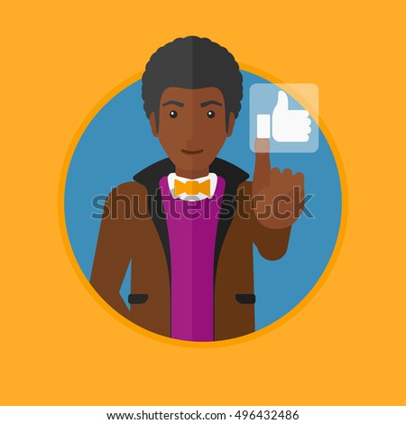 An african-american man pressing like button. Man pressing modern social button with thumb up. Man pressing social network button. Vector flat design illustration in the circle isolated on background.