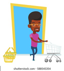 African-american man pushing shopping trolley. Man rushing to shopping with trolley. Man with empty shopping trolley running into the shop. Vector flat design illustration isolated on white background