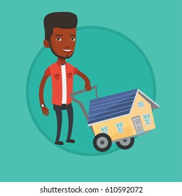 African-american man pushing shopping trolley with house. Young man buying home. Man using shopping trolley to transport house. Vector flat design illustration in the circle isolated on background.