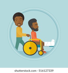 An african-american man pushing wheelchair with patient with broken leg. An injured man with fractured leg sitting in wheelchair. Vector flat design illustration in the circle isolated on background.