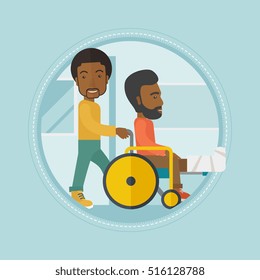 An african-american man pushing wheelchair with patient with broken leg. An injured man with fractured leg sitting in wheelchair. Vector flat design illustration in the circle isolated on background.