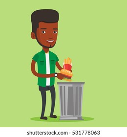 African-american man putting junk food into a trash bin. Man refusing to eat junk food. Woman rejecting junk food. Vector flat design illustration. Square layout.