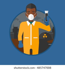 An african-american man in radiation protective suit holding a test-tube with black liquid on a background of nuclear power plant. Vector flat design illustration in the circle isolated on background.