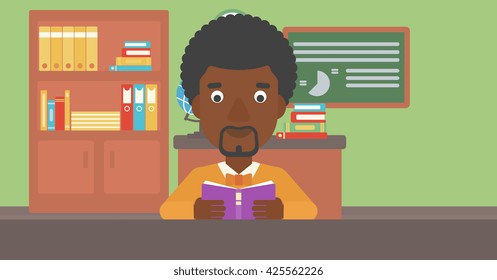 An african-american man reading a book on the background of classroom vector flat design illustration. Horizontal layout.