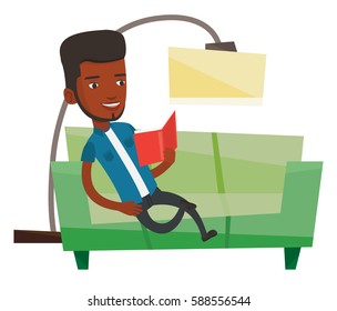 African-american man reading a book on a sofa. Man relaxing with a book on the couch at home. Man sitting on a sofa and reading a book. Vector flat design illustration isolated on white background.