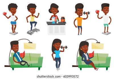 African-american man reading a book. Man relaxing with a book on the couch at home. Man sitting on a sofa and reading a book. Set of vector flat design illustrations isolated on white background.
