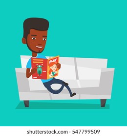 An african-american man reading a magazine. Relaxed man sitting on sofa and reading a magazine. Young man sitting on the couch with magazine in hands. Vector flat design illustration. Square layout.