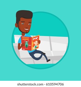 African-american man reading a magazine. Man sitting on sofa and reading magazine. Man sitting on the couch with magazine in hands. Vector flat design illustration in the circle isolated on background