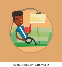 African-american man relaxing with book on the couch at home. Man reading book on sofa. Man sitting on a sofa and reading a book. Vector flat design illustration in the circle isolated on background.