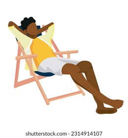 African-American man relaxing on deck chair against white backgr