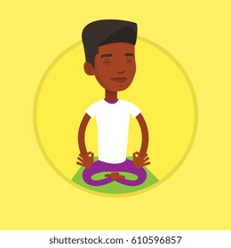African-american man relaxing in the yoga lotus position. Young man meditating in yoga lotus pose. Man doing yoga on yoga mat. Vector flat design illustration in the circle isolated on background.